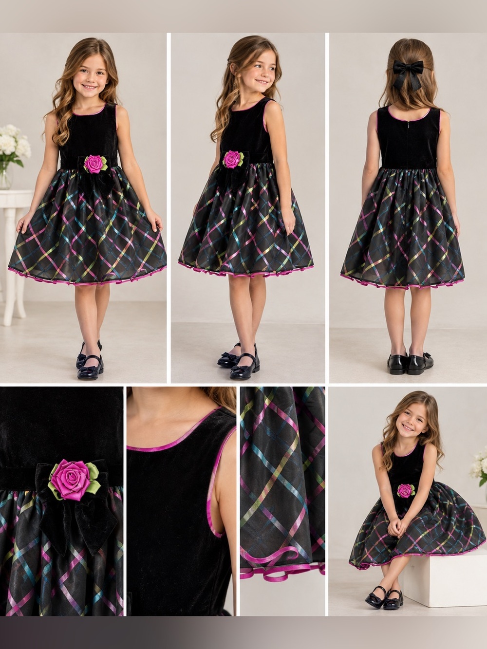 Bonnie Jean Black Velvet Dress with Pink and Multicolor Trim